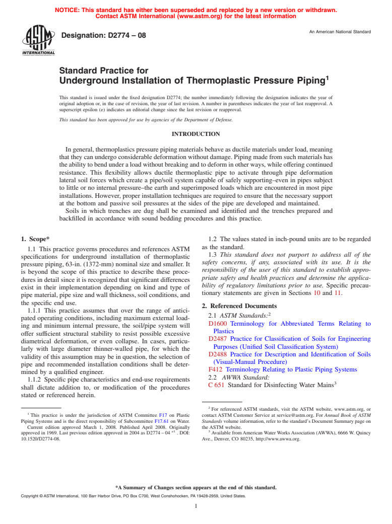 ASTM D2774-08 - Standard Practice for Underground Installation of Thermoplastic Pressure Piping