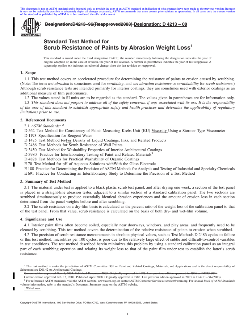 REDLINE ASTM D4213-08 - Standard Test Method for  Scrub Resistance of Paints by Abrasion Weight Loss