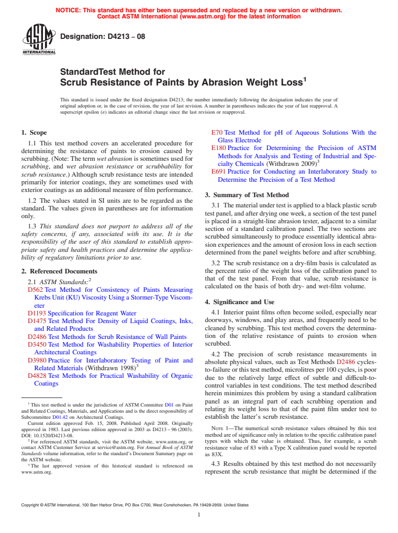 ASTM D4213-08 - Standard Test Method for  Scrub Resistance of Paints by Abrasion Weight Loss