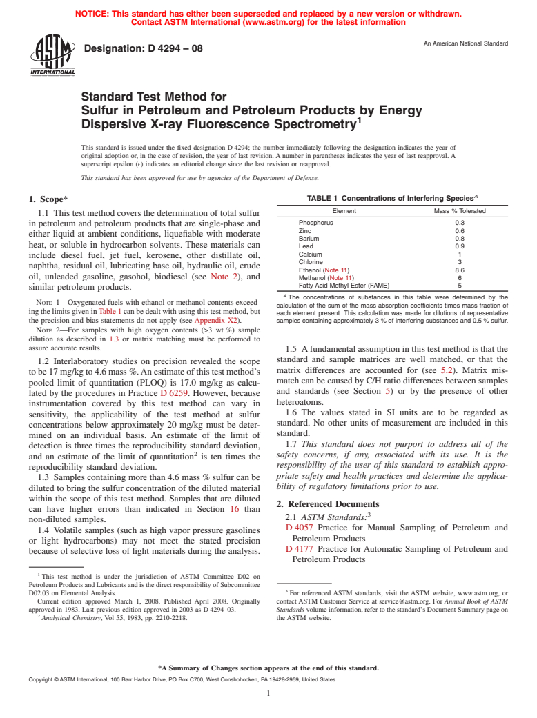 ASTM D4294-08 - Standard Test Method for Sulfur in Petroleum and Petroleum Products by Energy Dispersive X-ray Fluorescence  Spectrometry