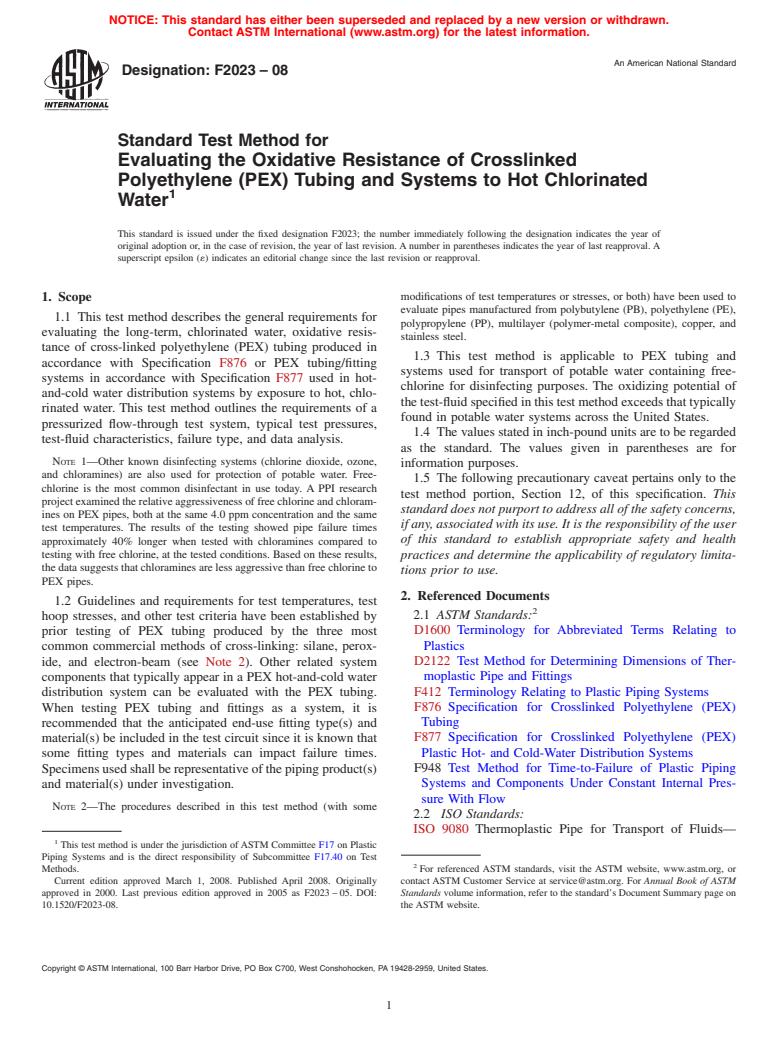 ASTM F2023-08 - Standard Test Method for Evaluating the Oxidative Resistance of Crosslinked Polyethylene (PEX) Tubing and Systems to Hot Chlorinated Water