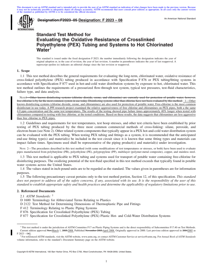 REDLINE ASTM F2023-08 - Standard Test Method for Evaluating the Oxidative Resistance of Crosslinked Polyethylene (PEX) Tubing and Systems to Hot Chlorinated Water