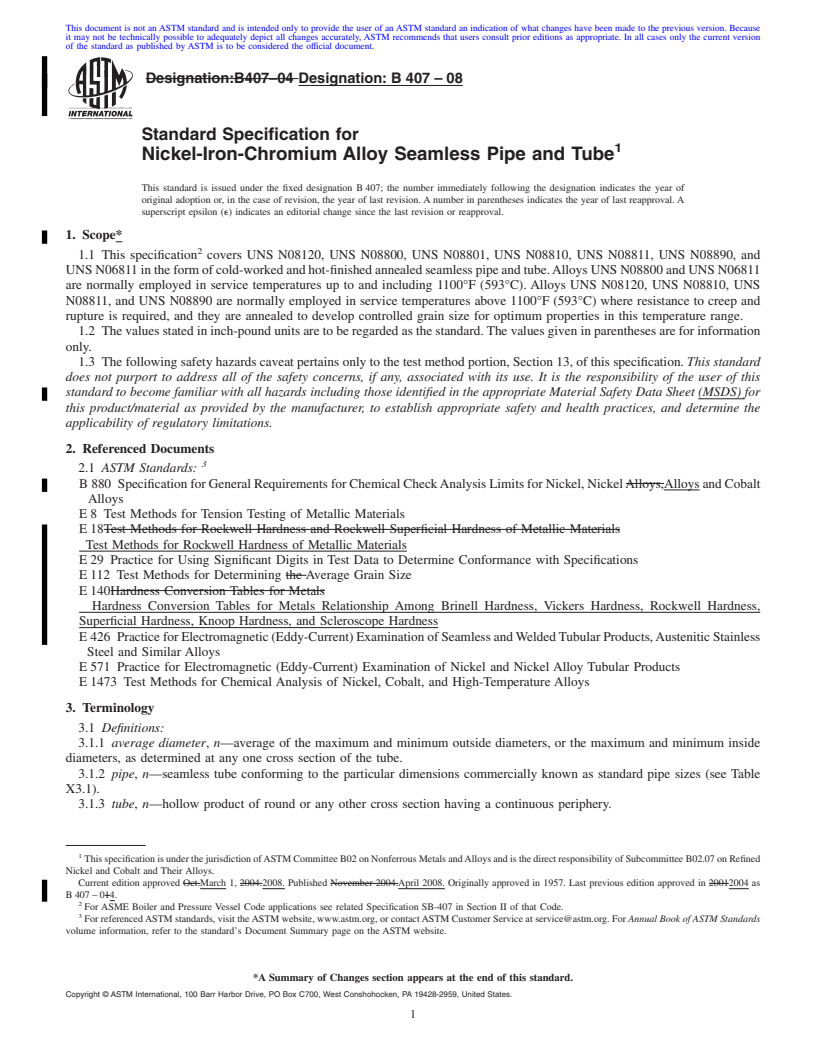 REDLINE ASTM B407-08 - Standard Specification for  Nickel-Iron-Chromium Alloy Seamless Pipe and Tube