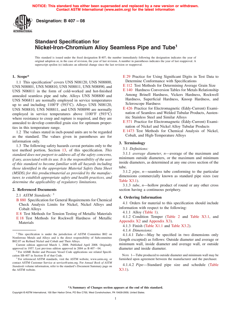 ASTM B407-08 - Standard Specification for  Nickel-Iron-Chromium Alloy Seamless Pipe and Tube