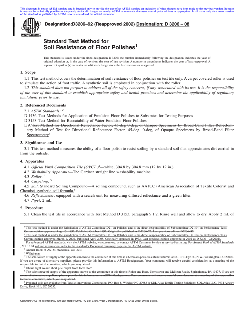 REDLINE ASTM D3206-08 - Standard Test Method for  Soil Resistance of Floor Polishes