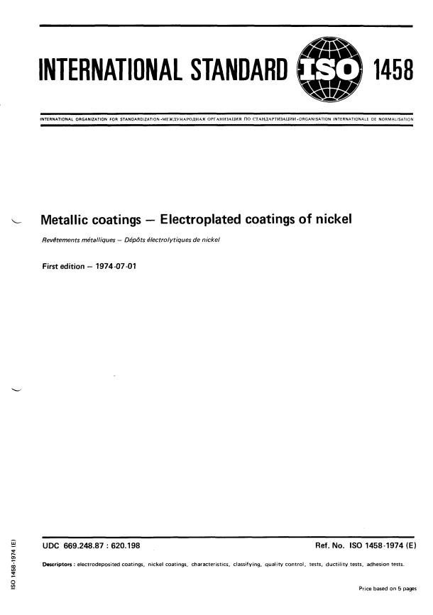 ISO 1458:1974 - Metallic coatings -- Electroplated coatings of nickel