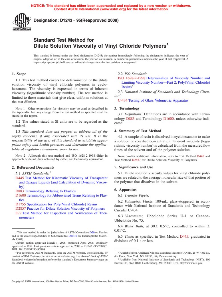 ASTM D1243-95(2008) - Standard Test Method for  Dilute Solution Viscosity of Vinyl Chloride Polymers