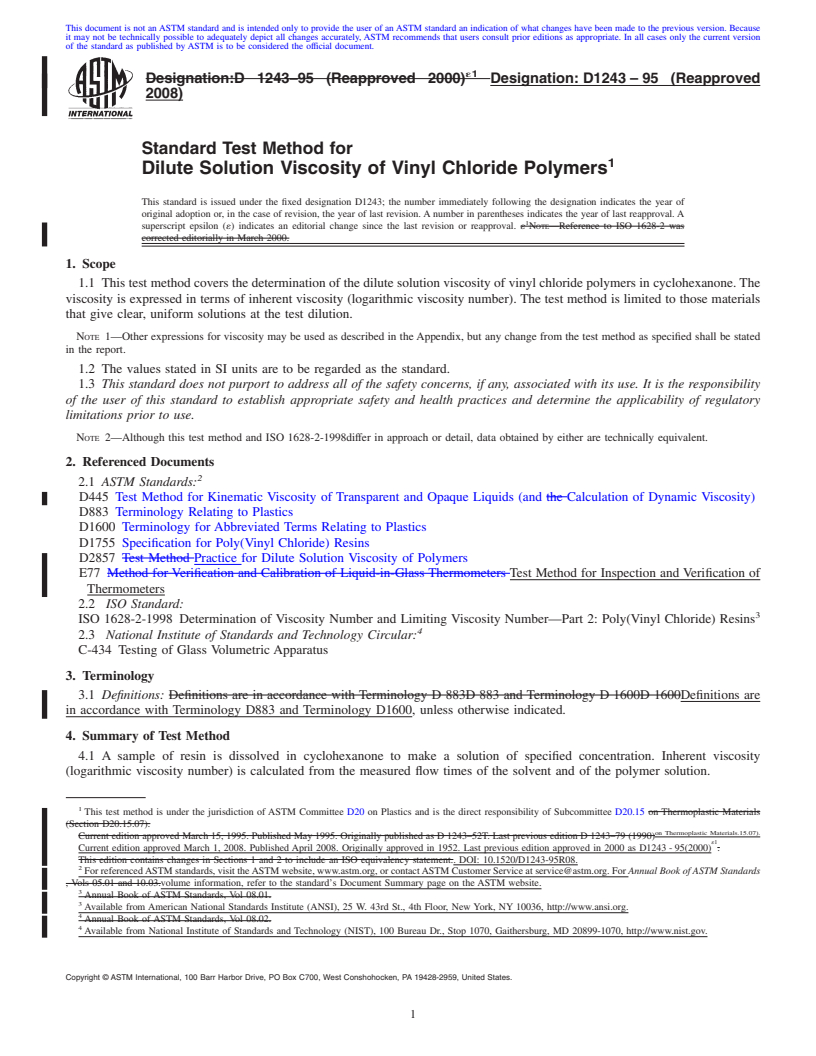 REDLINE ASTM D1243-95(2008) - Standard Test Method for  Dilute Solution Viscosity of Vinyl Chloride Polymers