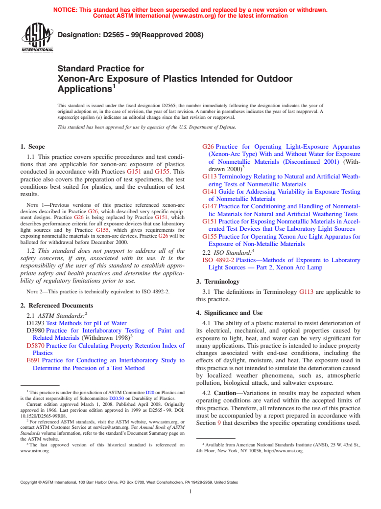 ASTM D2565-99(2008) - Standard Practice for Xenon-Arc Exposure of Plastics Intended for Outdoor Applications