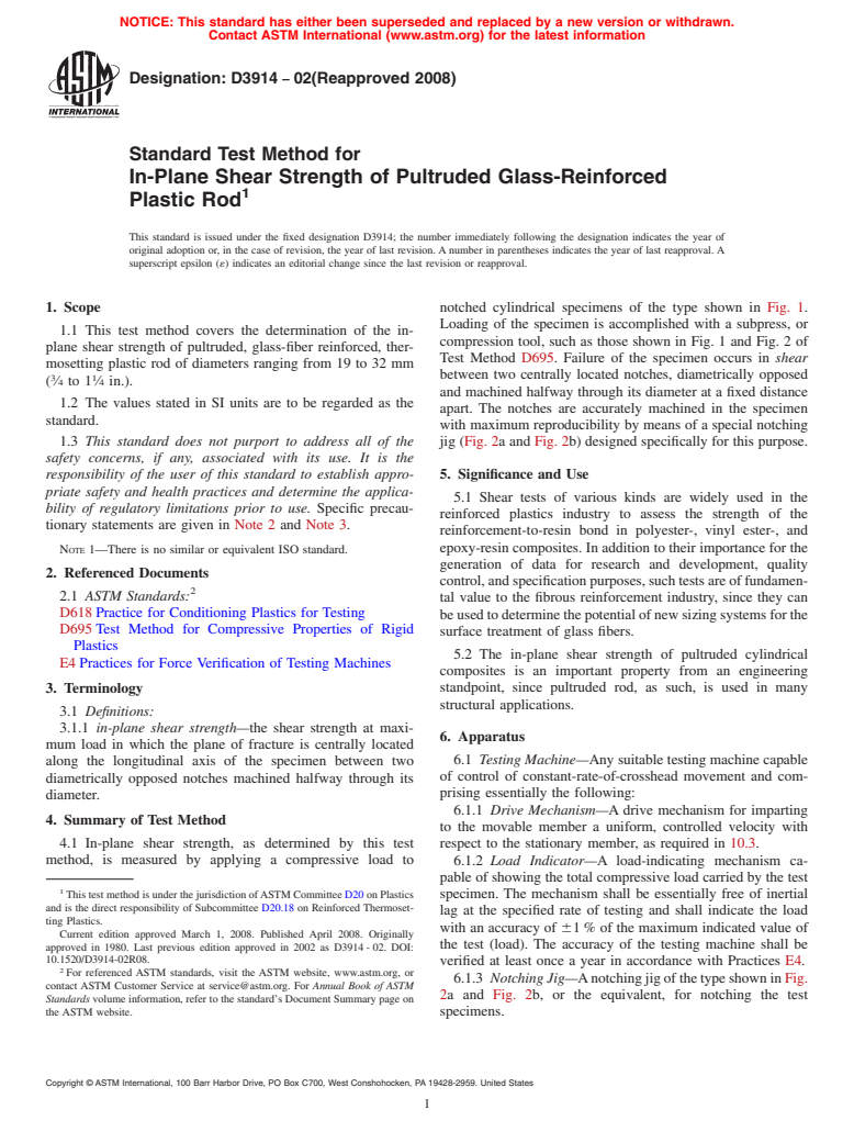 ASTM D3914-02(2008) - Standard Test Method for  In-Plane Shear Strength of Pultruded Glass-Reinforced Plastic Rod