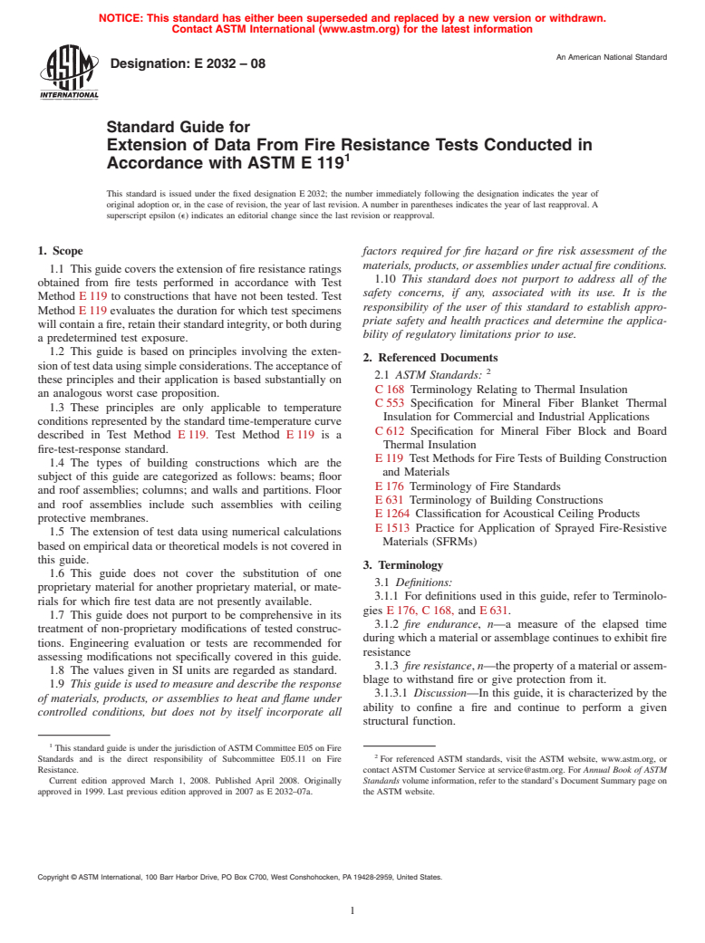 ASTM E2032-08 - Standard Guide for Extension of Data From Fire Resistance Tests Conducted in Accordance with ASTM E 119