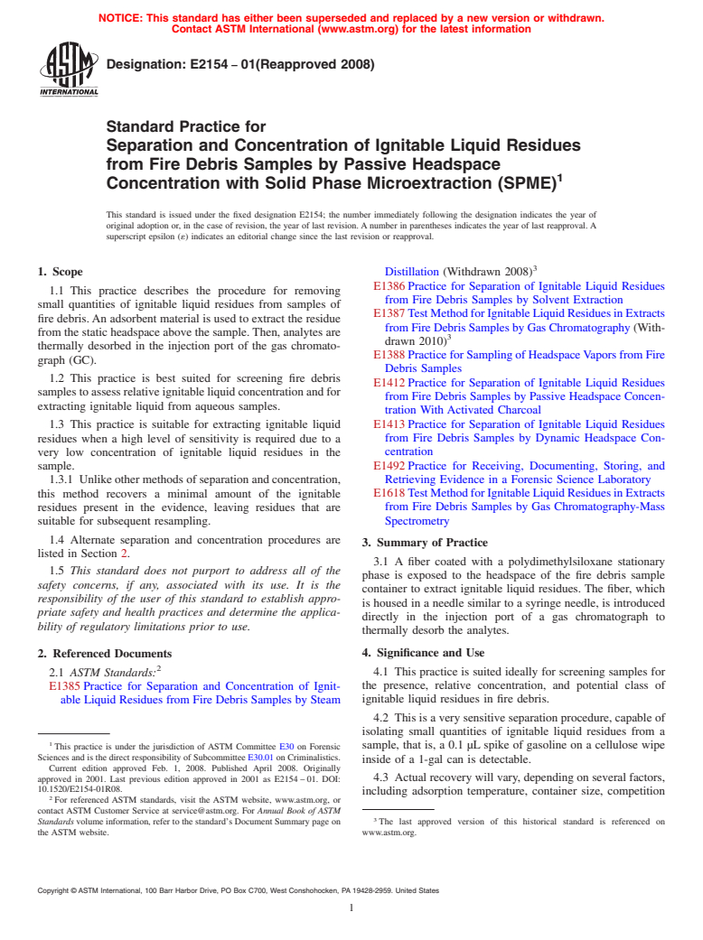 ASTM E2154-01(2008) - Standard Practice for Separation and Concentration of Ignitable Liquid Residues from Fire Debris Samples by Passive Headspace Concentration with Solid Phase Microextraction (SPME)