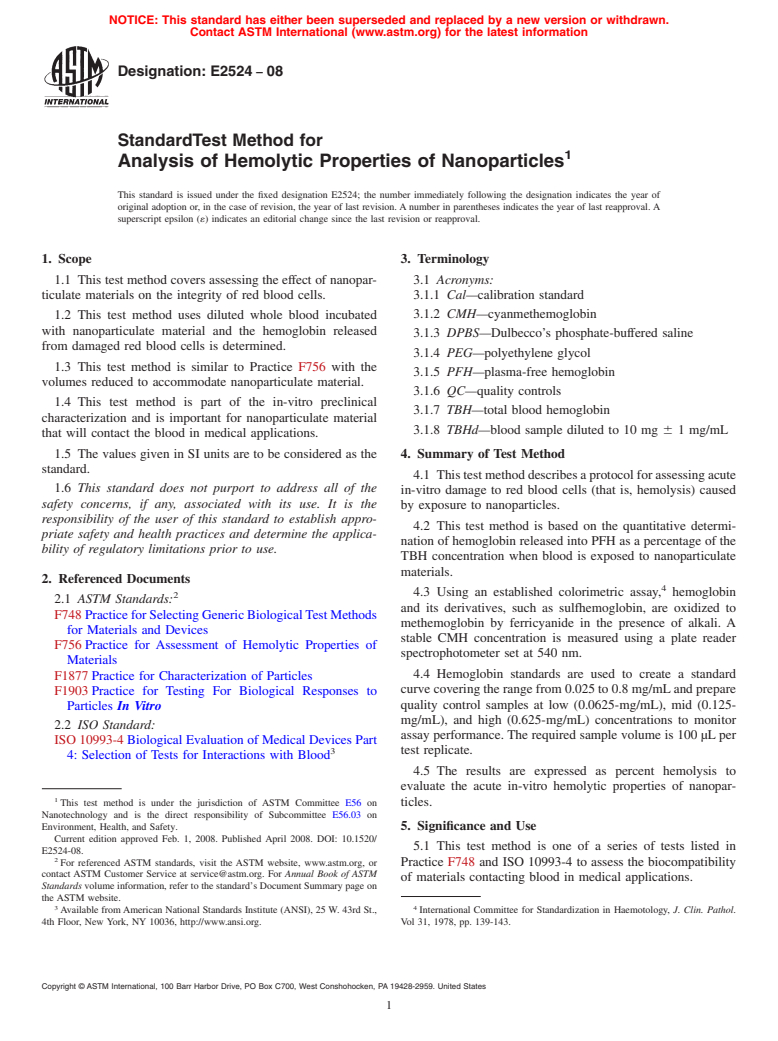 ASTM E2524-08 - Standard Test Method for Analysis of Hemolytic Properties of Nanoparticles