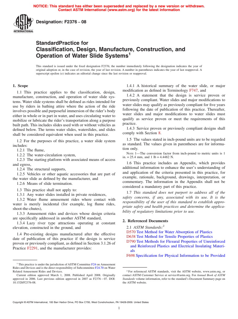 ASTM F2376-08 - Standard Practice for Classification, Design, Manufacture, Construction, and Operation of Water Slide Systems