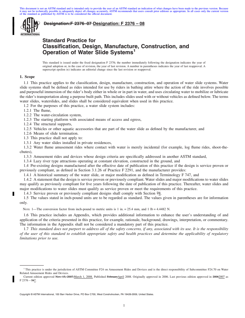 REDLINE ASTM F2376-08 - Standard Practice for Classification, Design, Manufacture, Construction, and Operation of Water Slide Systems