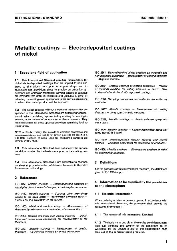 ISO 1458:1988 - Metallic coatings -- Electrodeposited coatings of nickel