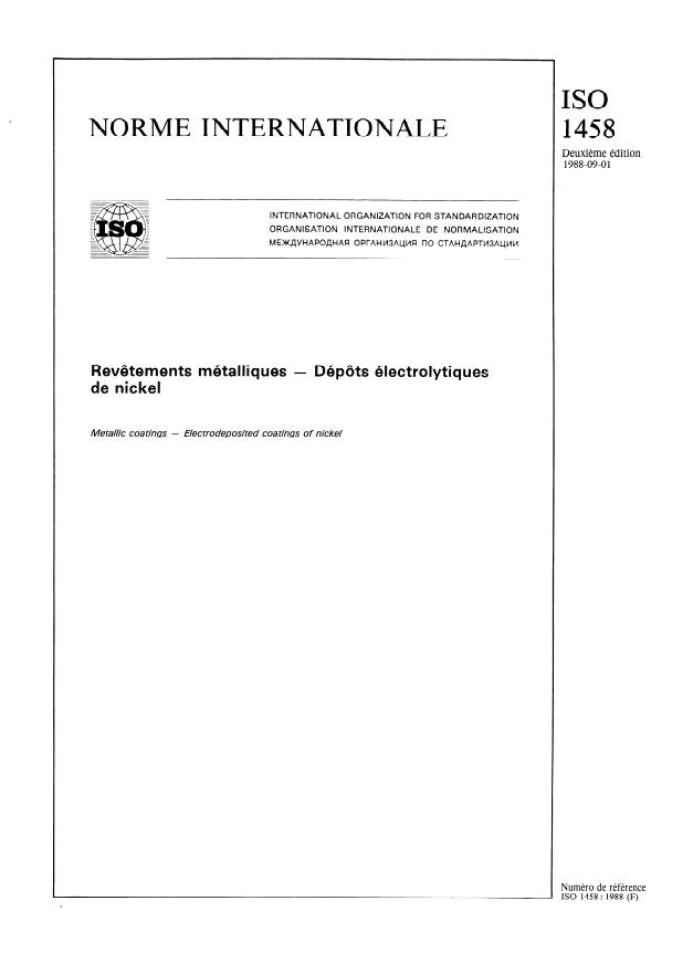 ISO 1458:1988 - Revetements métalliques -- Dépôts électrolytiques de nickel