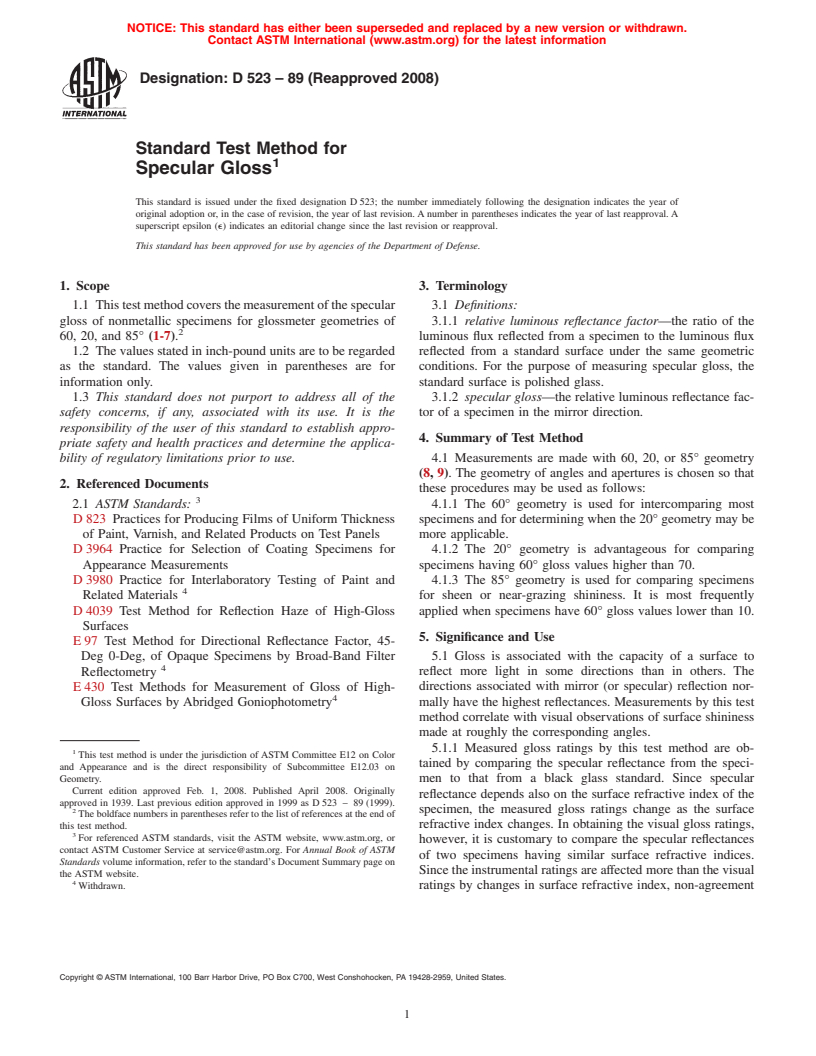 ASTM D523-89(2008) - Standard Test Method for  Specular Gloss