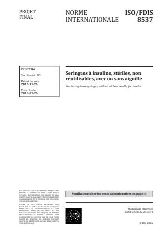 ISO 8537:2016 - Seringues a insuline, stériles, non réutilisables, avec ou sans aiguille