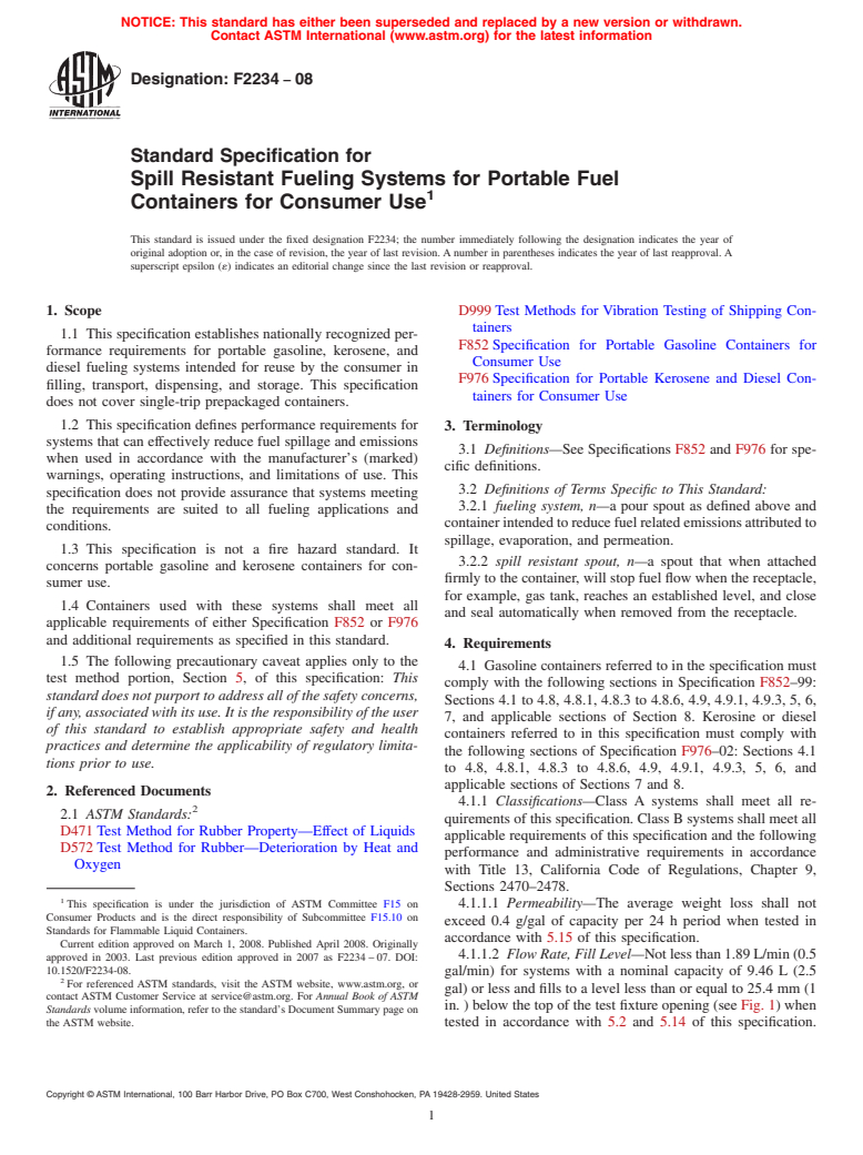 ASTM F2234-08 - Standard Specification for Spill Resistant Fueling Systems for Portable Fuel Containers for Consumer Use (Withdrawn 2017)