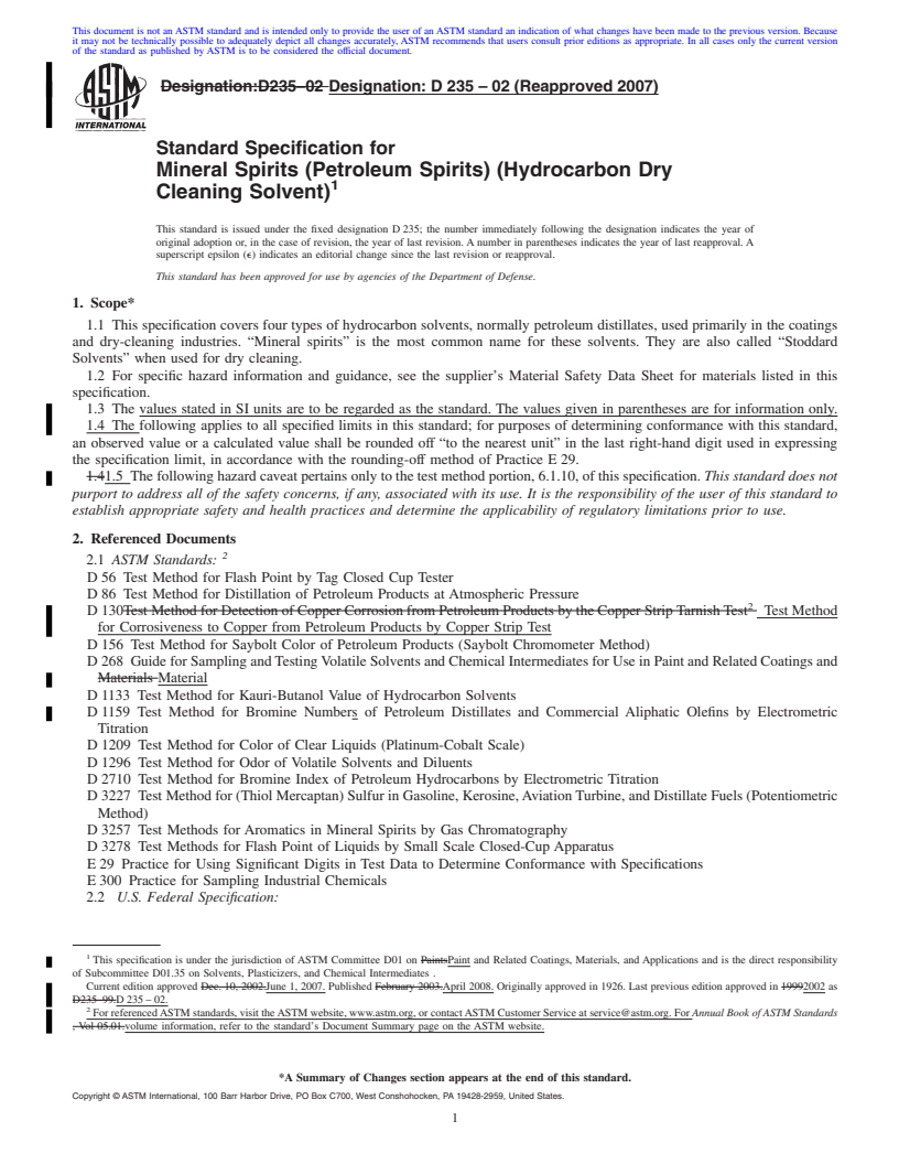 REDLINE ASTM D235-02(2007) - Standard Specification for  Mineral Spirits (Petroleum Spirits) (Hydrocarbon Dry Cleaning Solvent)