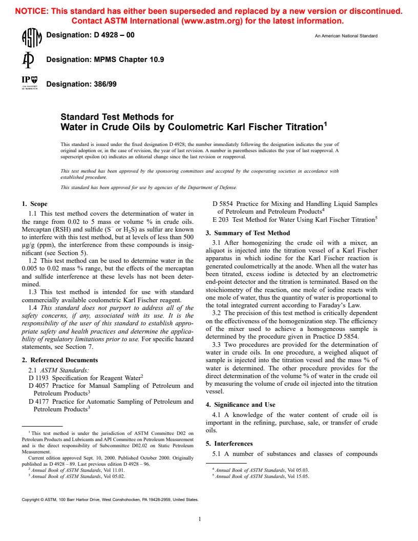 ASTM D4928-00 - Standard Test Methods for Water in Crude Oils by Coulometric Karl Fischer Titration