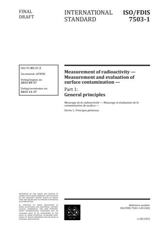 ISO 7503-1:2016 - Measurement of radioactivity -- Measurement and evaluation of surface contamination