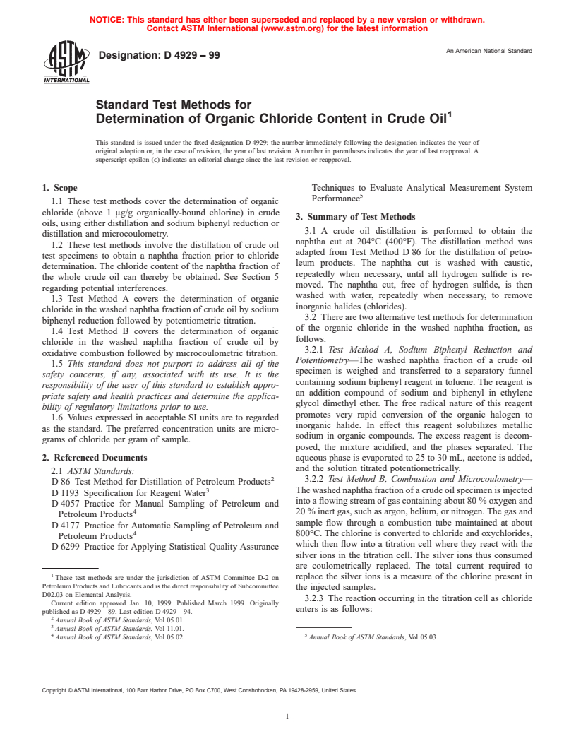 ASTM D4929-99 - Standard Test Methods for Determination of Organic Chloride Content in Crude Oil