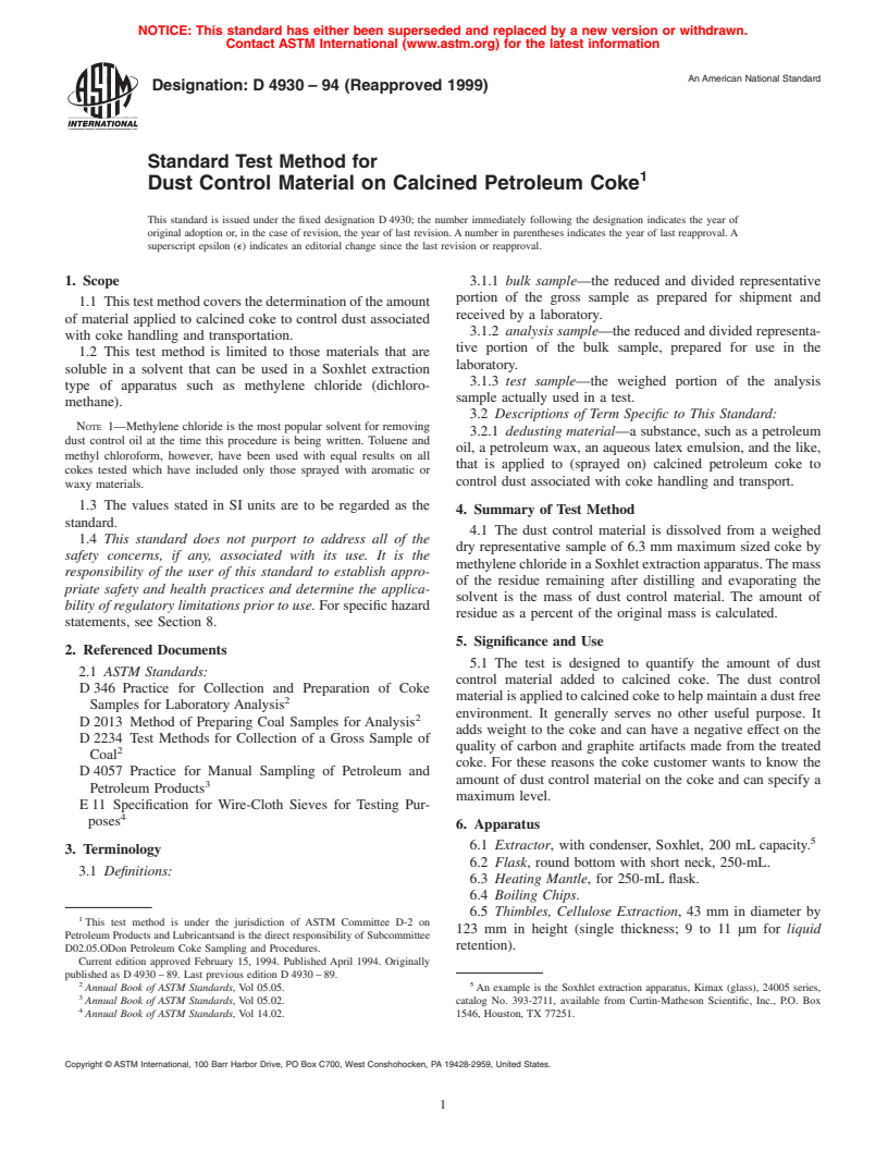 ASTM D4930-94(1999) - Standard Test Method for Dust Control Material on Calcined Petroleum Coke