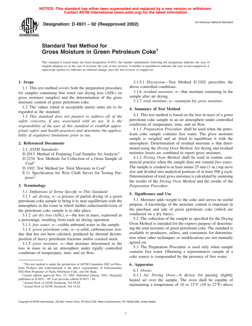 ASTM D4931-92(2002) - Standard Test Method for Gross Moisture in Green Petroleum Coke