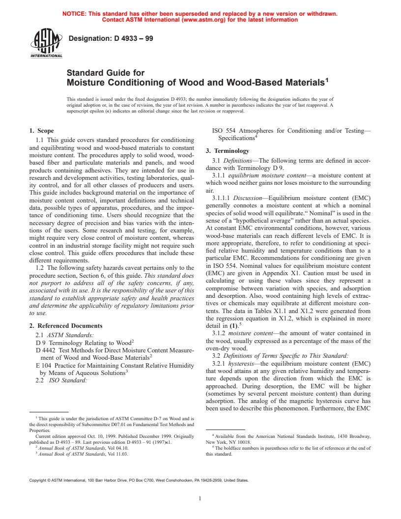 ASTM D4933-99 - Standard Guide for Moisture Conditioning of Wood and Wood-Base Materials