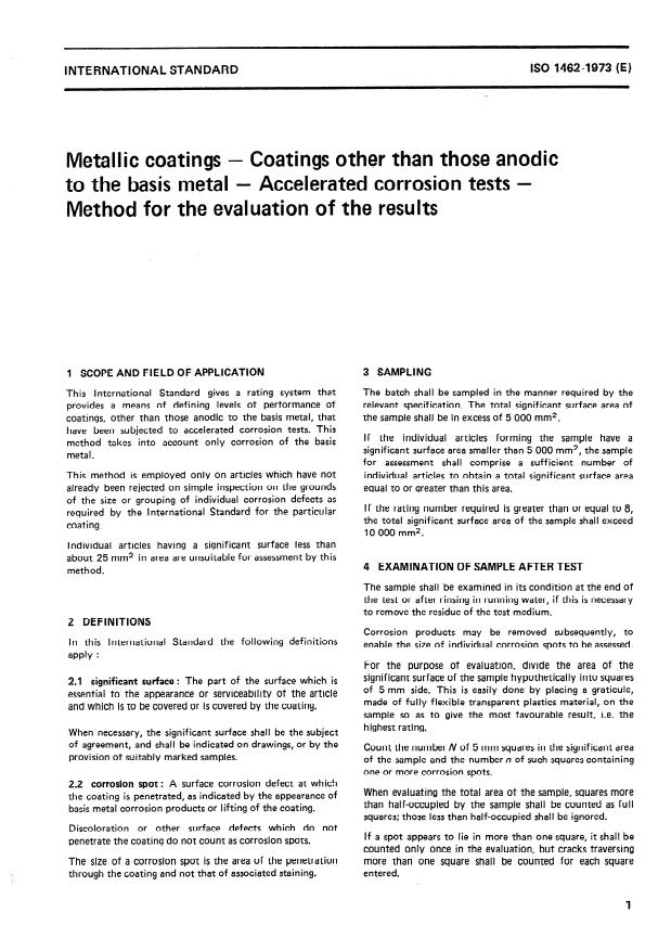 ISO 1462:1973 - Metallic coatings -- Coatings other than those anodic to the basis metal -- Accelerated corrosion tests -- Method for the evaluation of the results