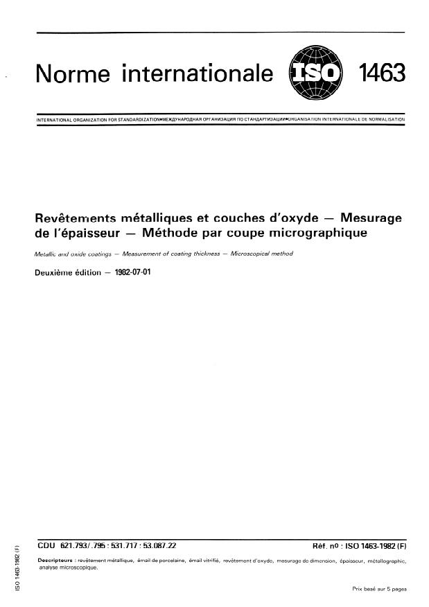 ISO 1463:1982 - Revetements métalliques et couches d'oxyde -- Mesurage de l'épaisseur -- Méthode par coupe micrographique