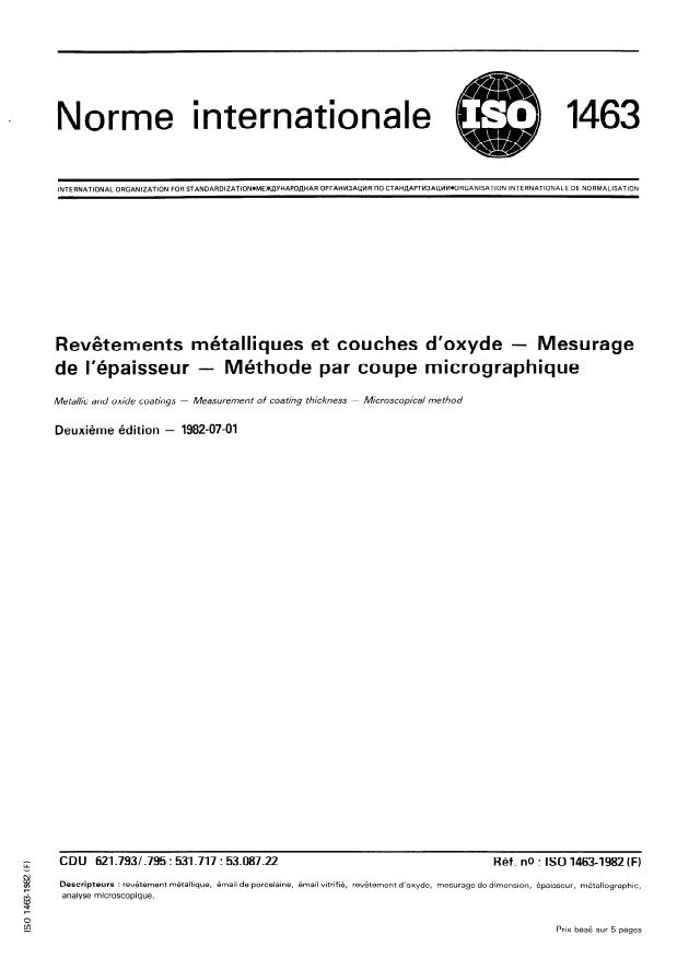ISO 1463:1982 - Revetements métalliques et couches d'oxyde -- Mesurage de l'épaisseur -- Méthode par coupe micrographique