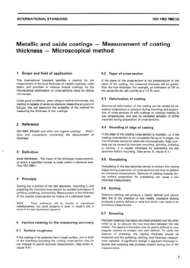 ISO 1463:1982 - Metallic and oxide coatings -- Measurement of coating thickness -- Microscopical method