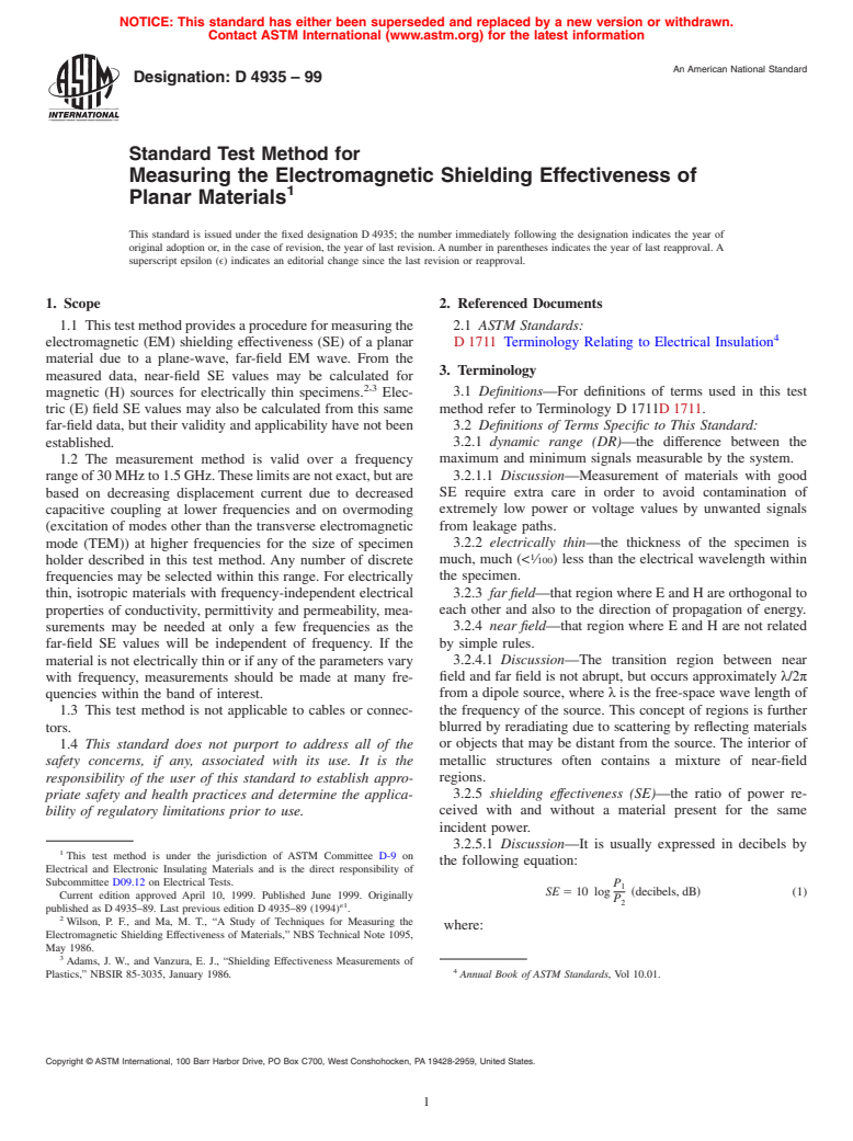 ASTM D4935-99 - Standard Test Method for Measuring the Electromagnetic Shielding Effectiveness of Planar Materials (Withdrawn 2005)