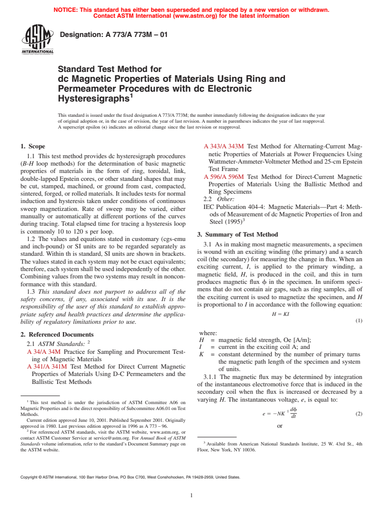 ASTM A773/A773M-01 - Standard Test Method for dc Magnetic Properties of Materials Using Ring and Permeameter Procedures with dc Electronic Hysteresigraphs