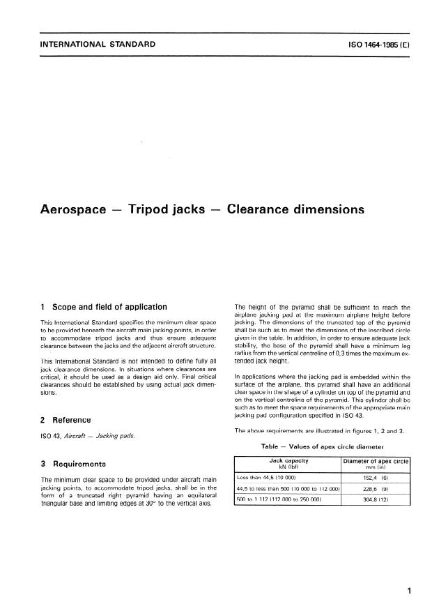 ISO 1464:1985 - Aerospace -- Tripod jacks -- Clearance dimensions