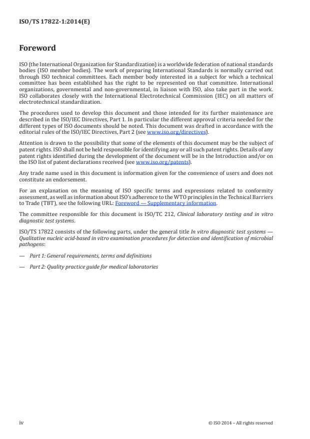 ISO/TS 17822-1:2014 ISO/TS 17822-1:2014 - In vitro diagnostic test systems -- Qualitative nucleic acid-based in vitro examination procedures for detection and identification of microbial pathogens - Page 4 preview