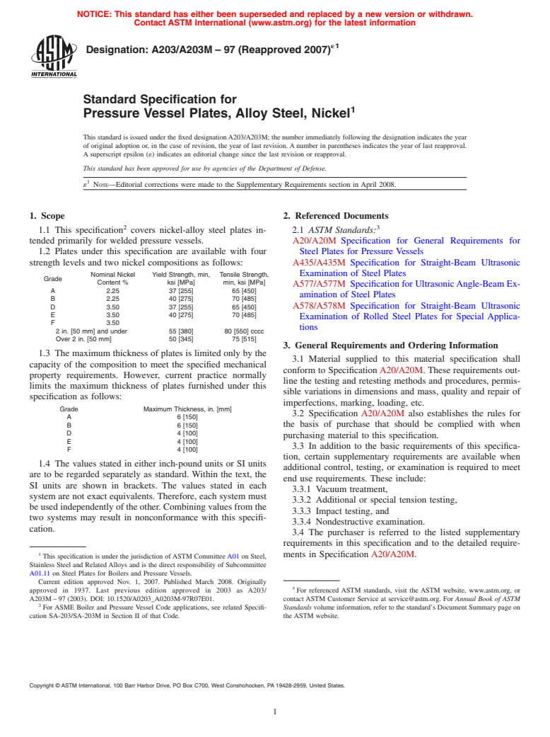 ASTM A203/A203M-97(2007)e1 - Standard Specification for  Pressure Vessel Plates, Alloy Steel, Nickel