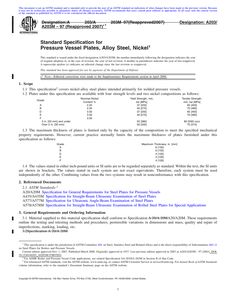 REDLINE ASTM A203/A203M-97(2007)e1 - Standard Specification for  Pressure Vessel Plates, Alloy Steel, Nickel