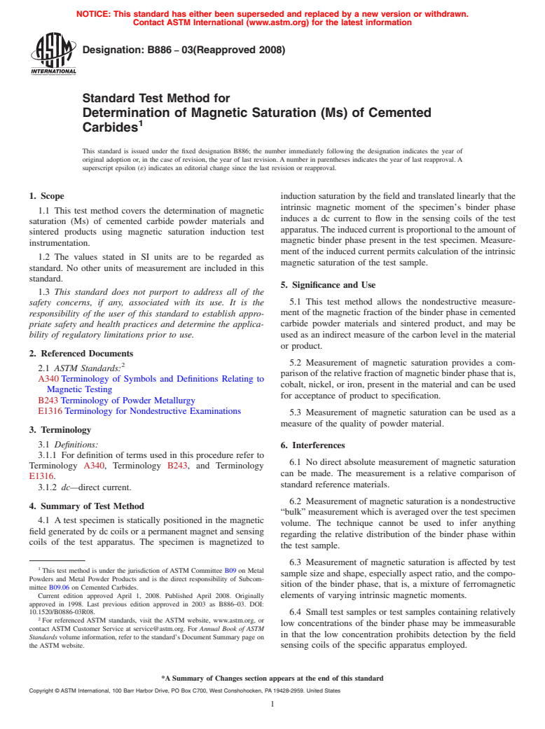 ASTM B886-03(2008) - Standard Test Method for Determination of Magnetic Saturation (Ms) of Cemented Carbides