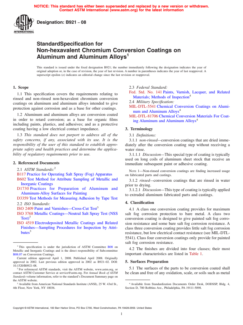 ASTM B921-08 - Standard Specification for Non-hexavalent Chromium Conversion Coatings on Aluminum and Aluminum Alloys