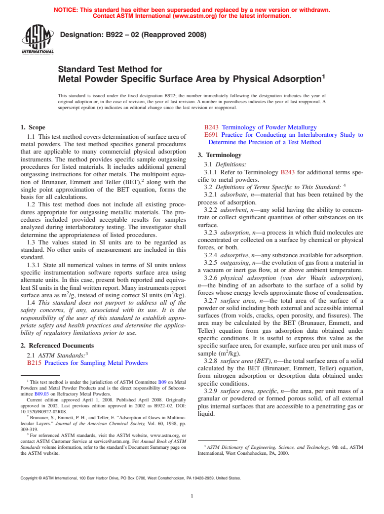 ASTM B922-02(2008) - Standard Test Method for Metal Powder Specific Surface Area by Physical Adsorption