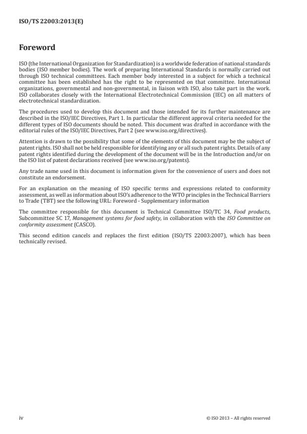 ISO/TS 22003:2013 ISO/TS 22003:2013 - Food safety management systems -- Requirements for bodies providing audit and certification of food safety management systems - Page 4 preview