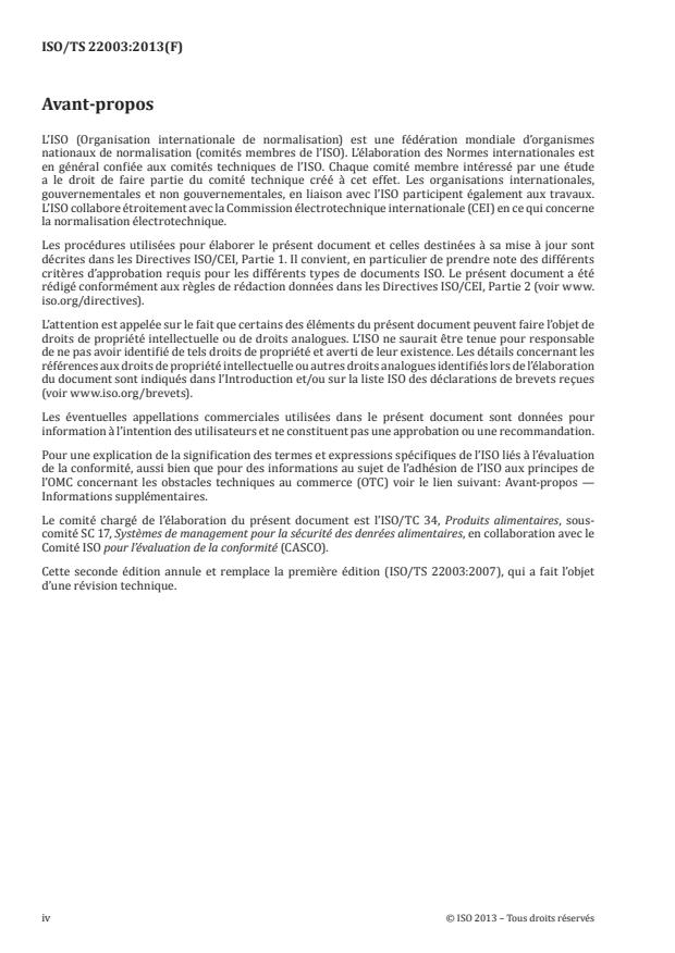 ISO/TS 22003:2013 ISO/TS 22003:2013 - Systemes de management de la sécurité des denrées alimentaires -- Exigences pour les organismes procédant a l'audit et a la certification de systemes de management de la sécurité des denrées alimentaires - Page 4 preview