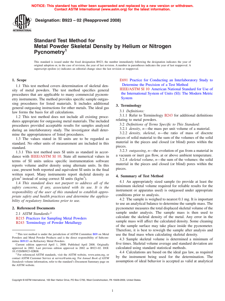 ASTM B923-02(2008) - Standard Test Method for Metal Powder Skeletal Density by Helium or Nitrogen Pycnometry