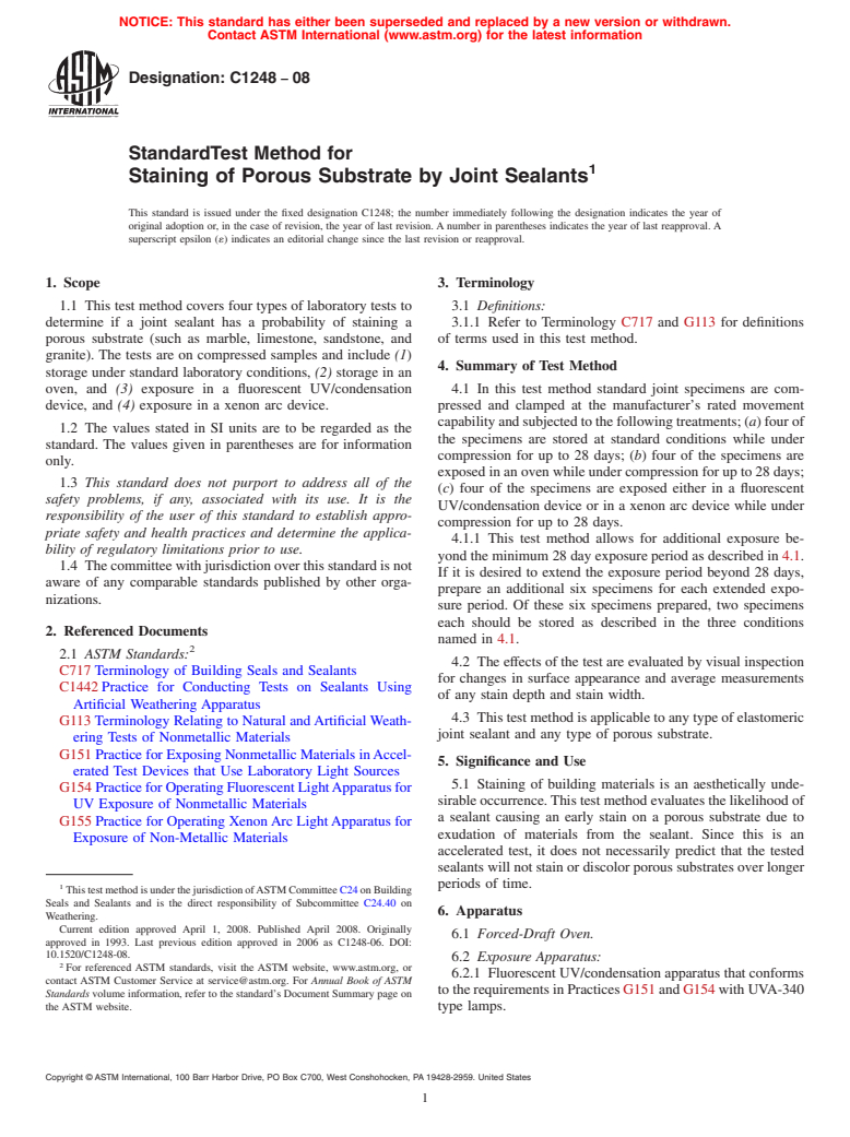 ASTM C1248-08 - Standard Test Method for Staining of Porous Substrate by Joint Sealants