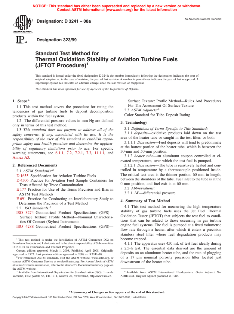 ASTM D3241-08a - Standard Test Method for Thermal Oxidation Stability of Aviation Turbine Fuels (JFTOT Procedure)