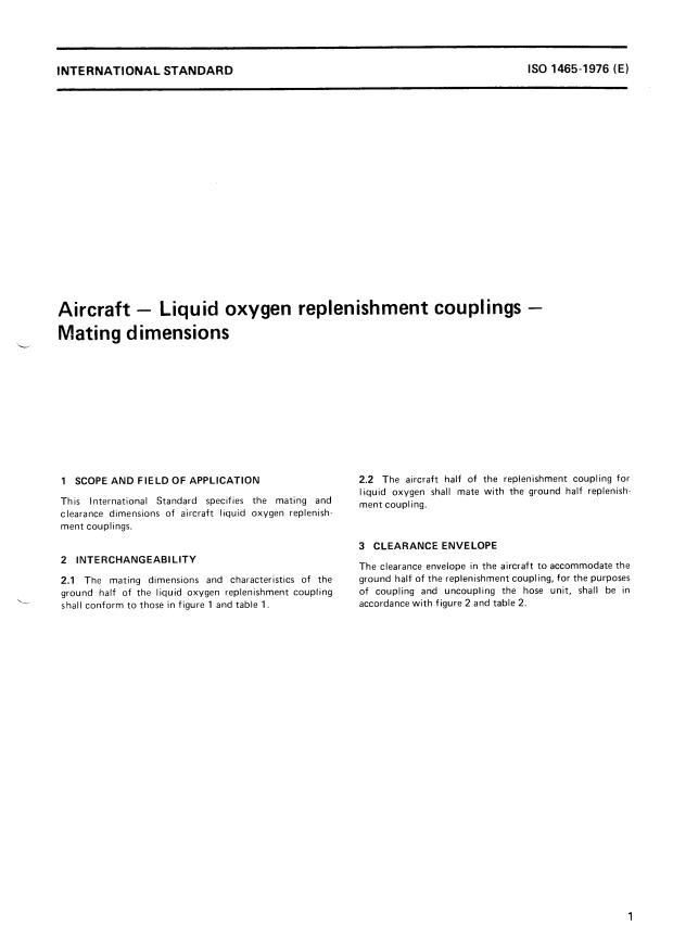 ISO 1465:1976 - Aircraft -- Liquid oxygen replenishment couplings -- Mating dimensions